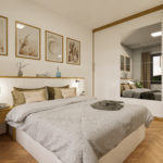 ST Easy 70 – DHH Ansicht eines Studentenzimmers mit Schreibtisch, Fenster, Tür und Einbauschrank